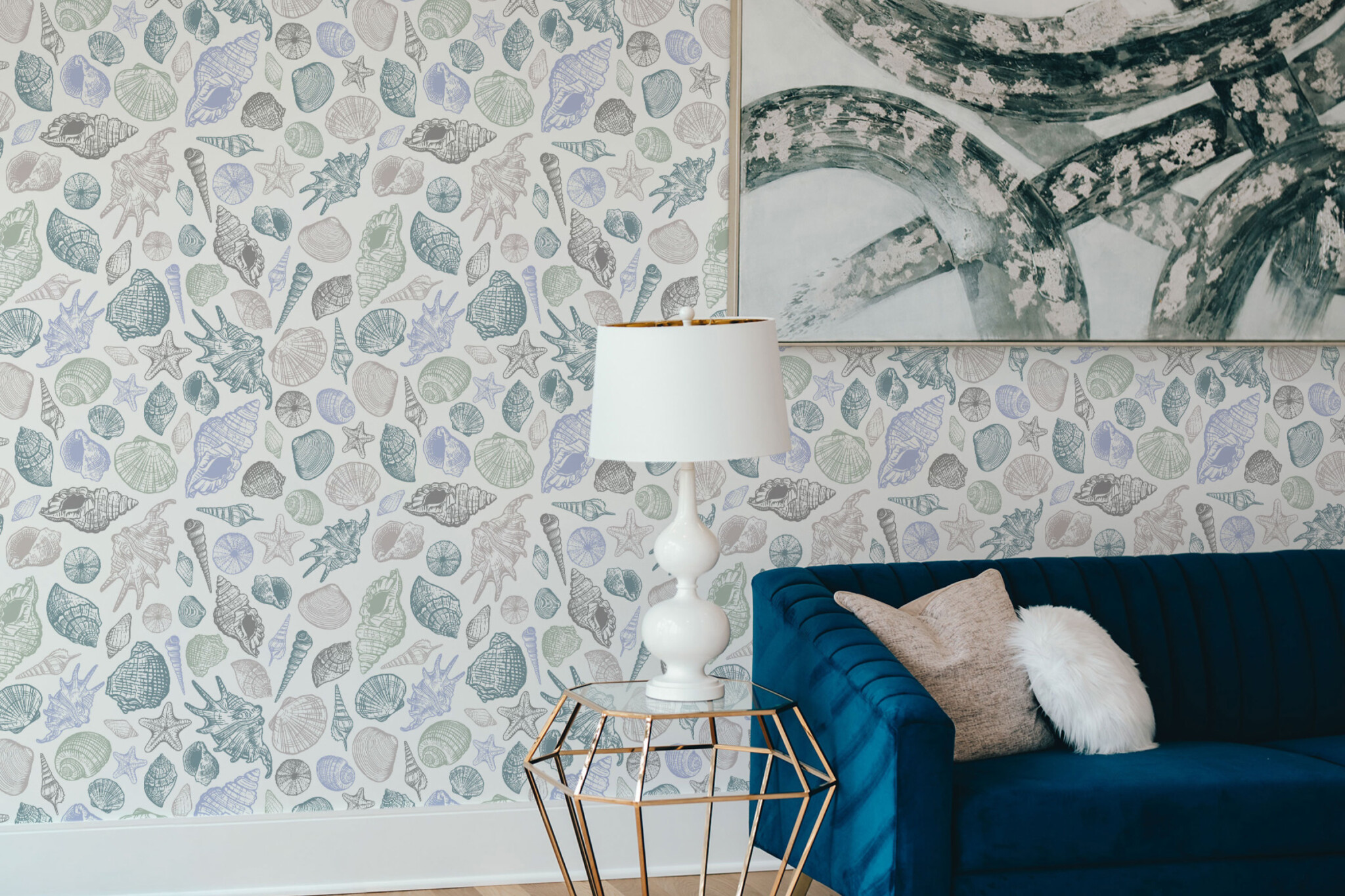 Coastal Seashells wallpaper in living room interior