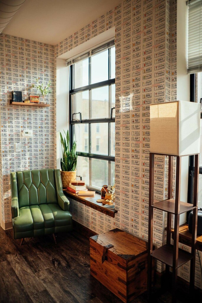 Mid-century style living room decorated with Cocktail peel and stick wallpaper
