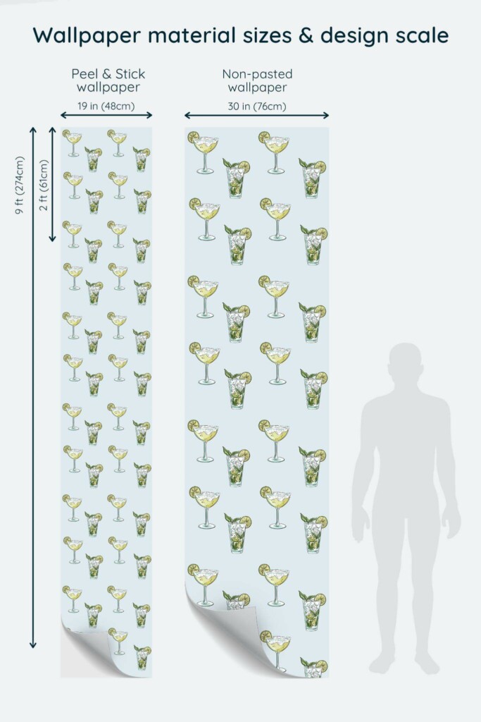 Size comparison of Cocktail Peel & Stick and Non-pasted wallpapers with design scale relative to human figure