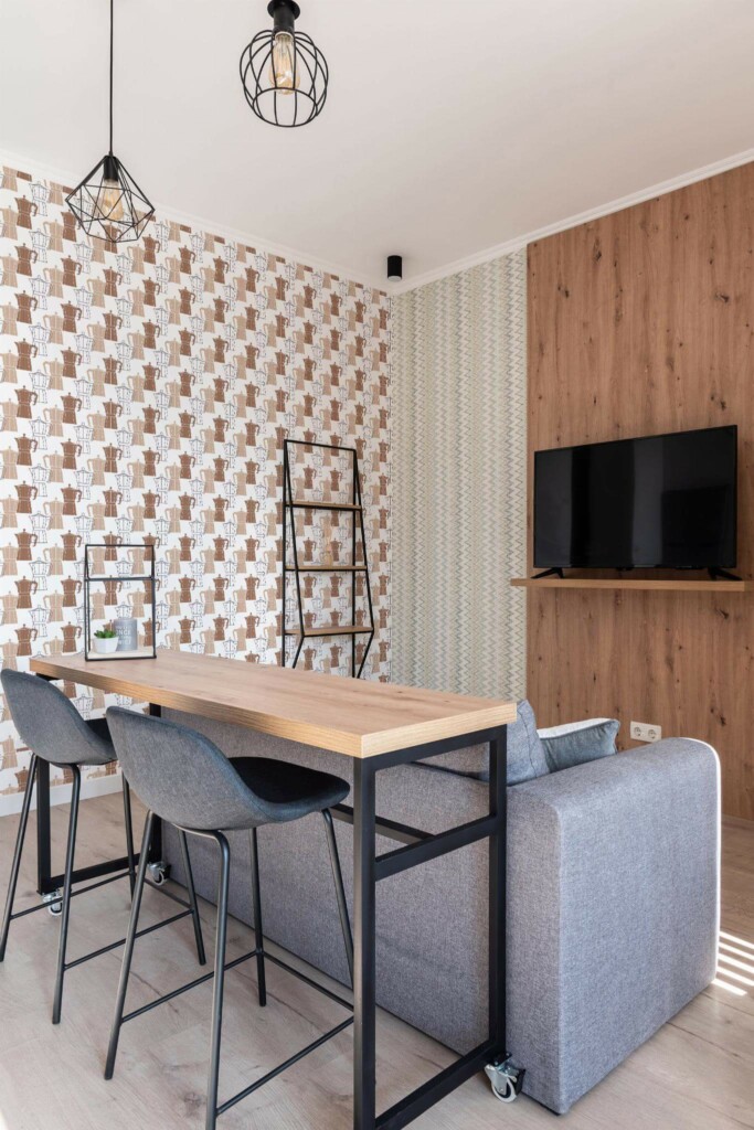Scandinavian style open living room decorated with Coffee peel and stick wallpaper