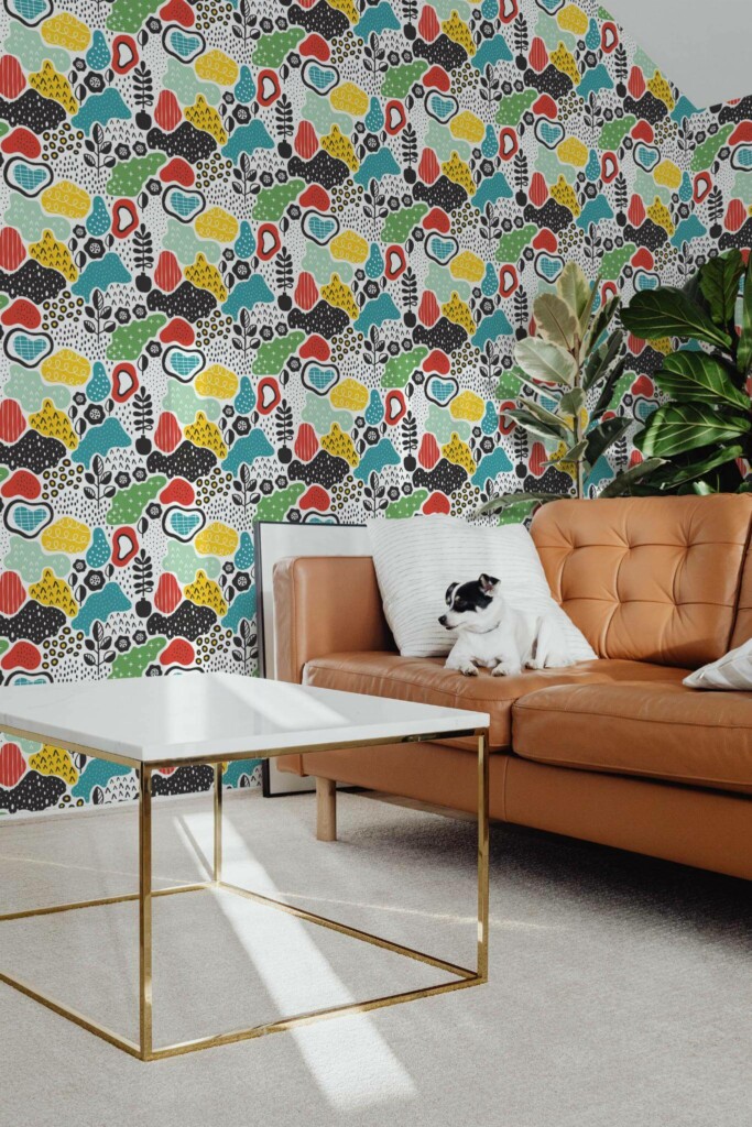 Mid-century modern style living room with dog on a sofa decorated with Colorful abstract design peel and stick wallpaper