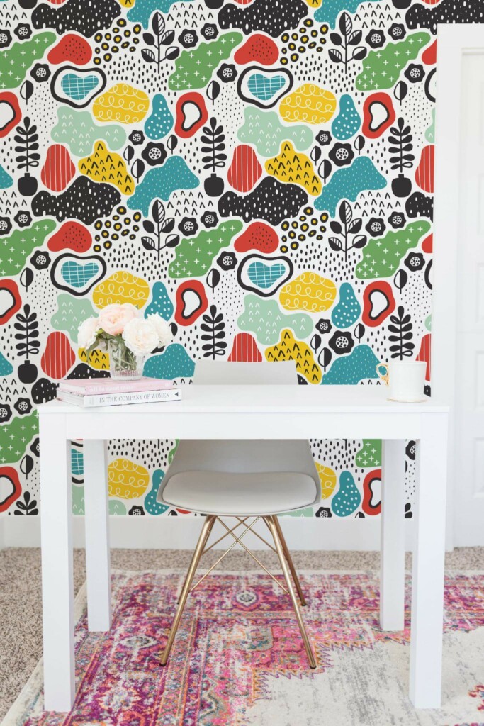 Shabby chic style home office decorated with Colorful abstract design peel and stick wallpaper