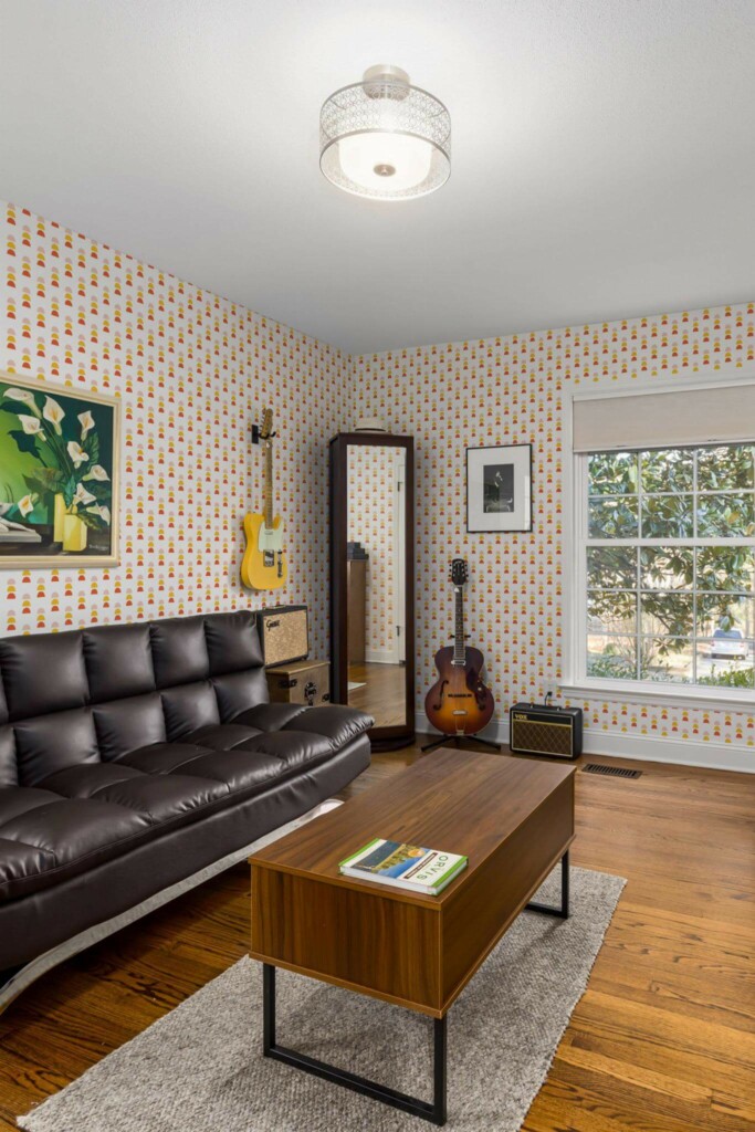 Mid-century style living room decorated with Colorful abstract shape peel and stick wallpaper and music instruments