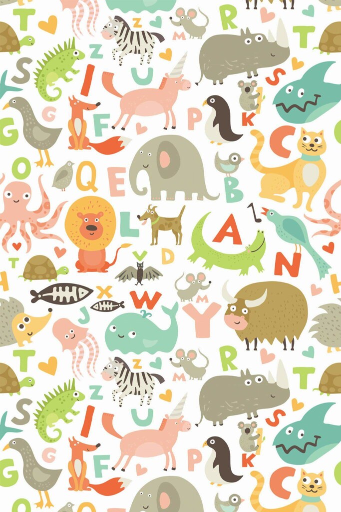Pattern repeat of Colorful Animal Letters removable wallpaper design