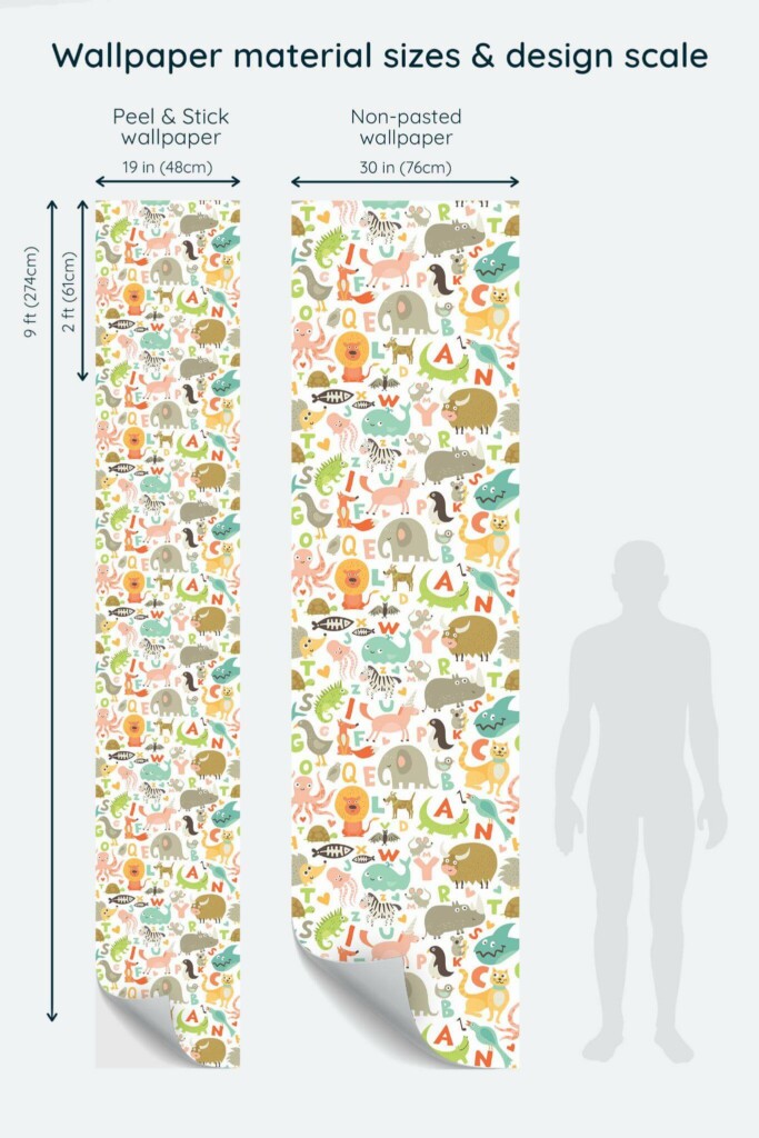 Size comparison of Colorful Animal Letters Peel & Stick and Non-pasted wallpapers with design scale relative to human figure