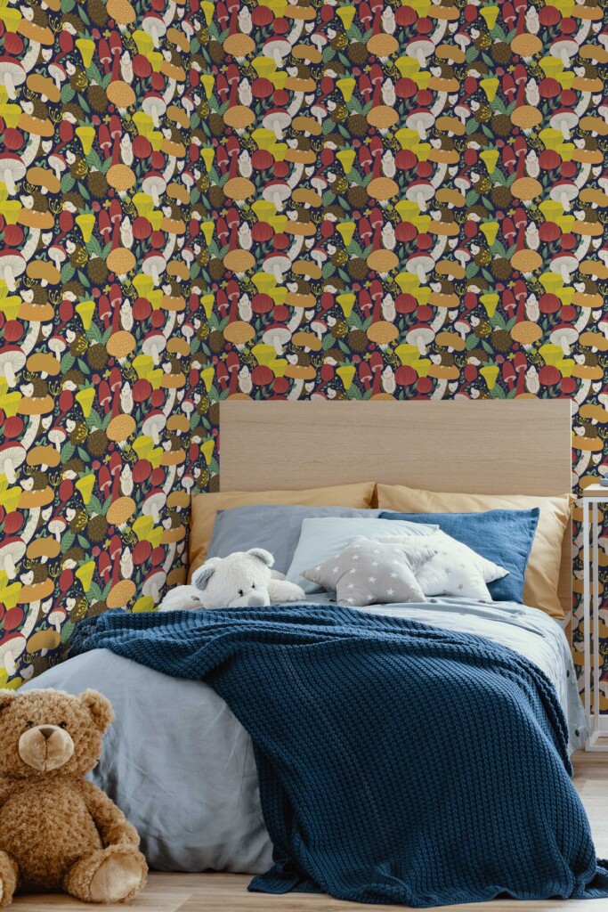 Fancy Walls removable wallpaper featuring whimsical colorful hedgehog mushrooms