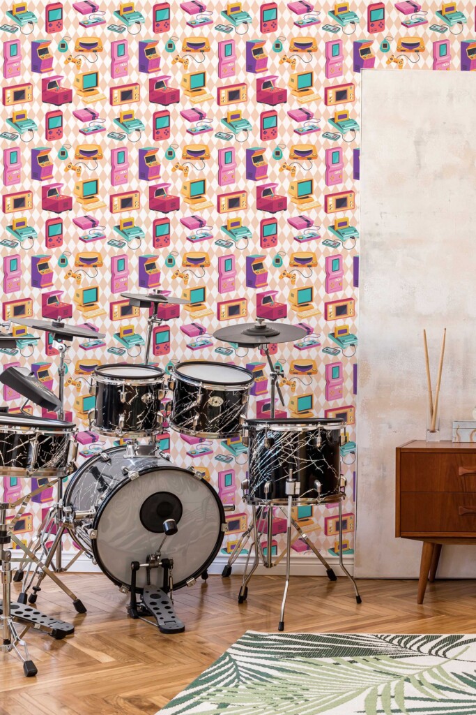 Fancy Walls peel and stick wallpaper with colorful arcade game design