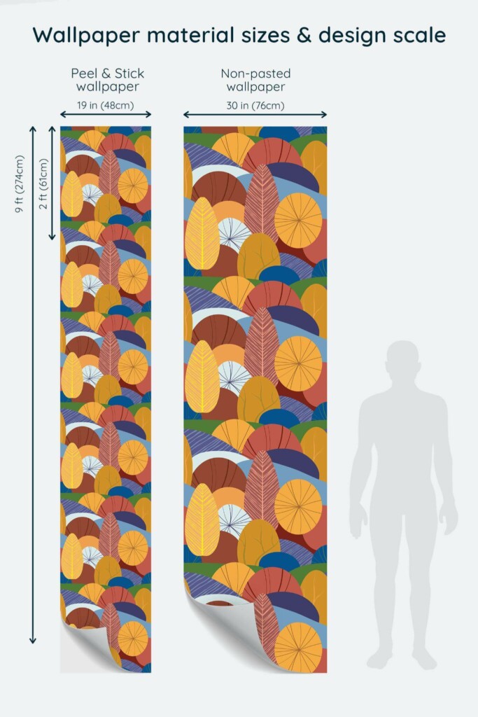 Size comparison of Colorful Autumn Trees Peel & Stick and Non-pasted wallpapers with design scale relative to human figure