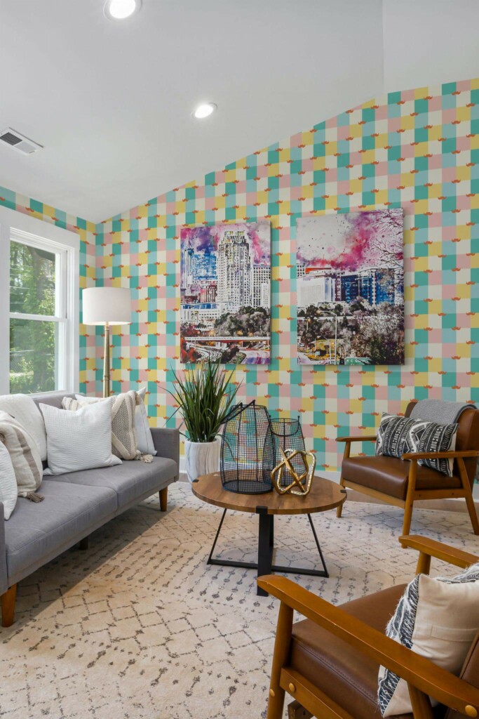 Mid-century modern style living room decorated with Colorful Barber shop peel and stick wallpaper and colorful funky artwork