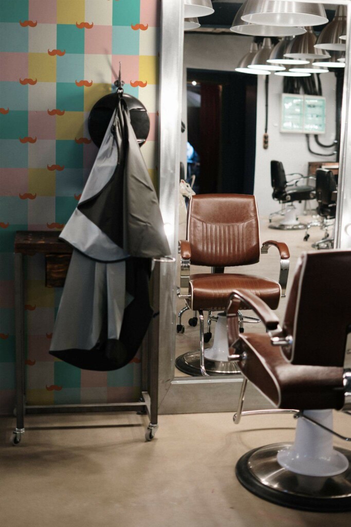 Retro style barber shop decorated with Colorful Barber shop peel and stick wallpaper