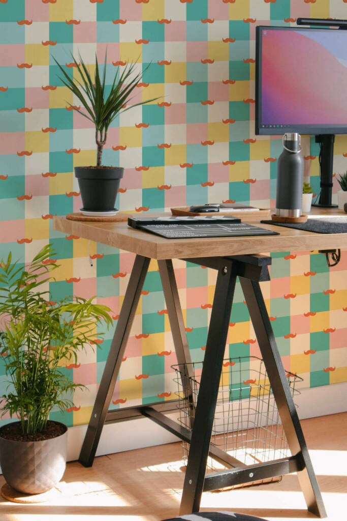 Scandinavian style home office decorated with Colorful Barber shop peel and stick wallpaper