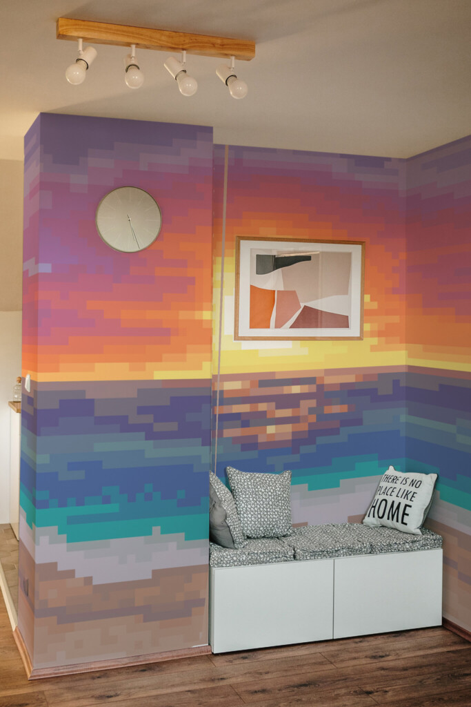 Retro pixel art coastal mural with vivid beach sunset by Fancy Walls wall mural peel and stick