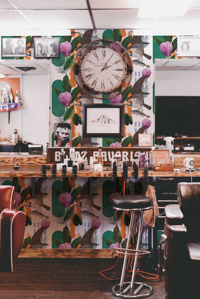 Wild Wings wallpaper peel and stick or non-pasted. Fancy Walls self-adhesive or traditional abstract wallpaper with tropical elements, flowers, leaves, birds and brushed background