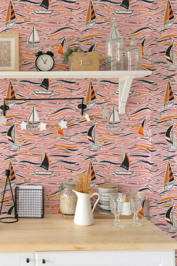 Light farmhouse style kitchen decorated with Colorful boat peel and stick wallpaper