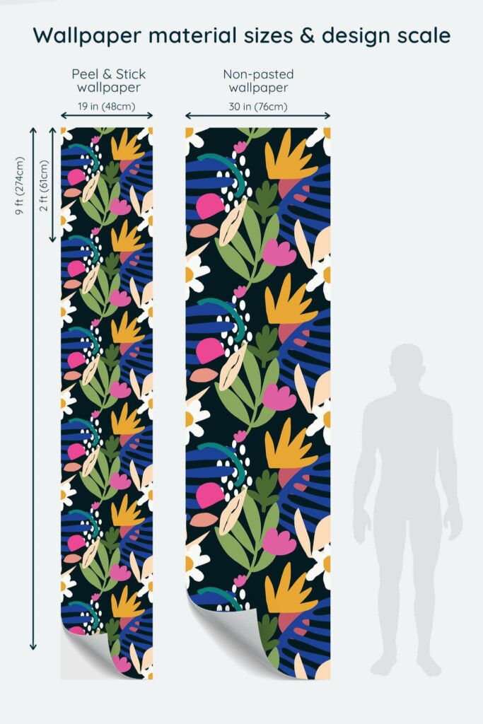 Size comparison of Colorful bold flowers Peel & Stick and Non-pasted wallpapers with design scale relative to human figure