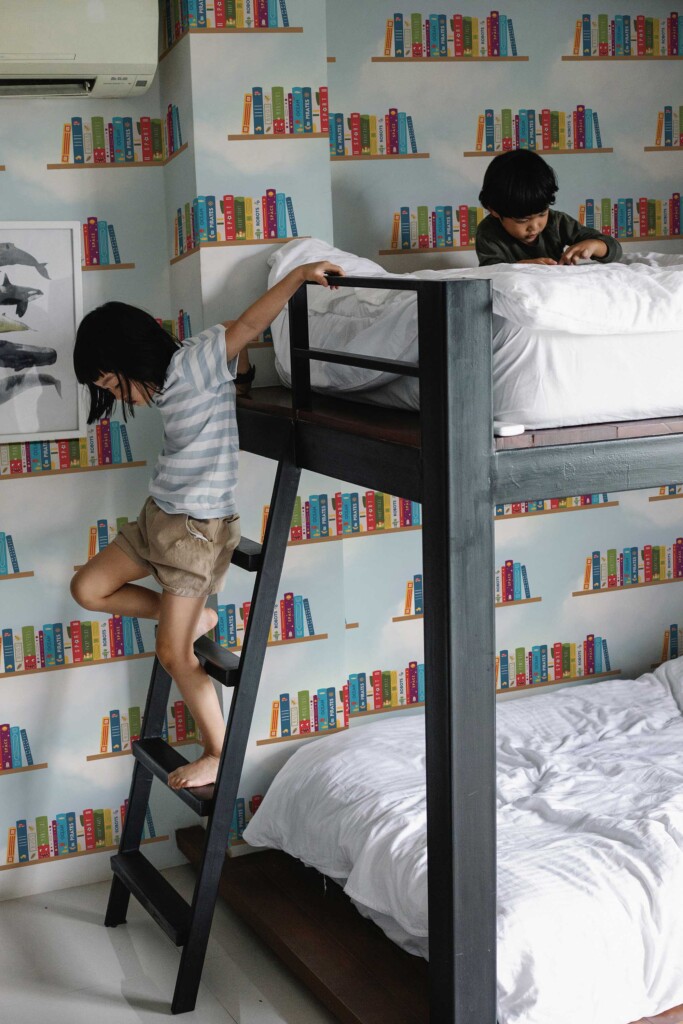 Peel and stick wallpaper colorful kids bookcase pattern by Fancy Walls