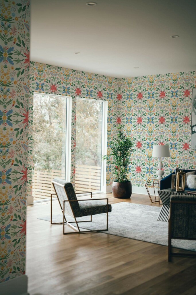 Modern style living room decorated with Colorful bramble garden peel and stick wallpaper