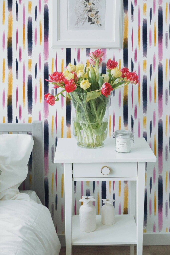 Farmhouse style bedroom decorated with Colorful Brush stroke peel and stick wallpaper