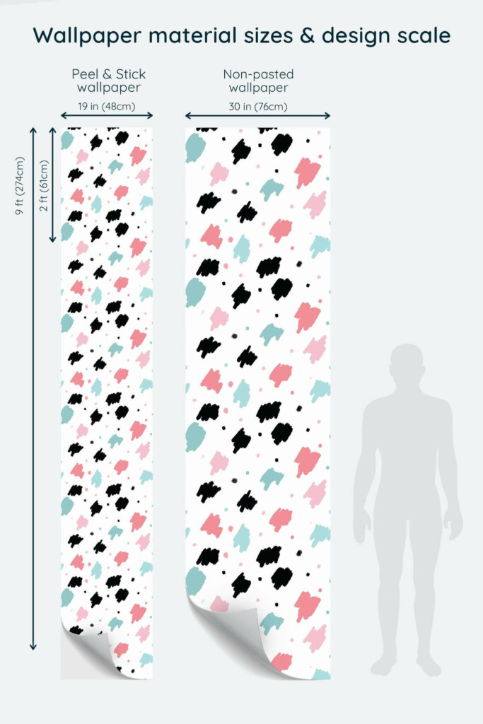 Size comparison of Colorful brush stroke Peel & Stick and Non-pasted wallpapers with design scale relative to human figure
