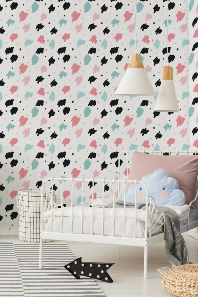 Bohemian style kids room decorated with Colorful Brush strokes peel and stick wallpaper