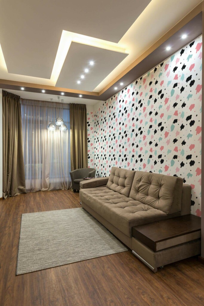 Modern Eastern European style living room decorated with Colorful Brush strokes peel and stick wallpaper