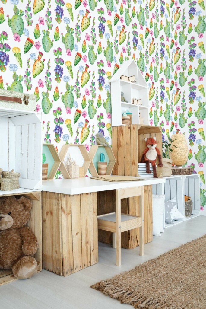 Farmhouse style kids room decorated with Colorful cactus peel and stick wallpaper