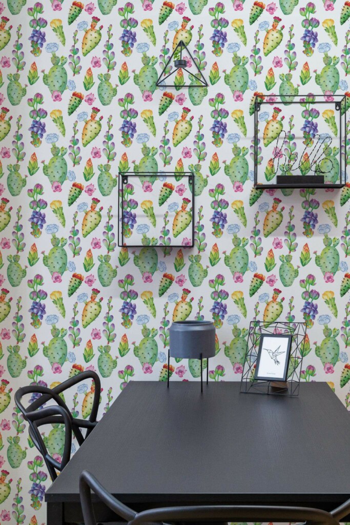 Industrial modern style dining room decorated with Colorful cactus peel and stick wallpaper
