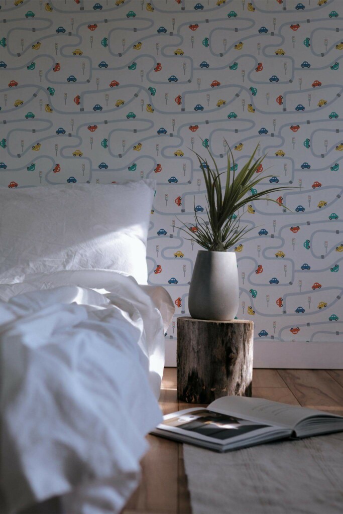 Minimal scandinavian style bedroom decorated with Colorful cars on the street peel and stick wallpaper