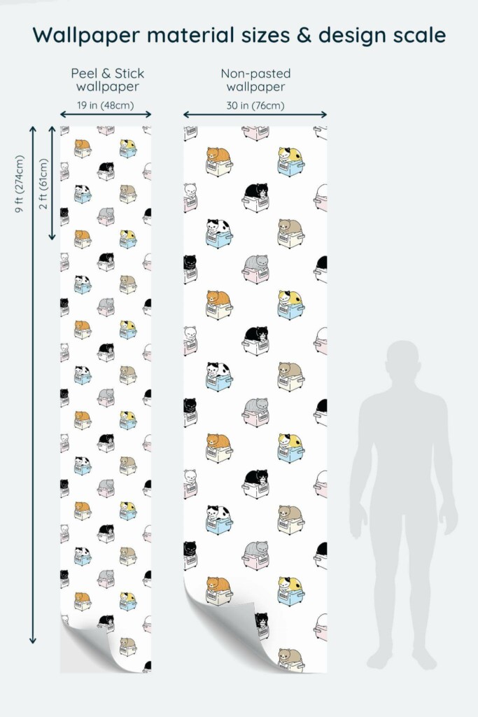 Size comparison of Colorful cats nursery Peel & Stick and Non-pasted wallpapers with design scale relative to human figure