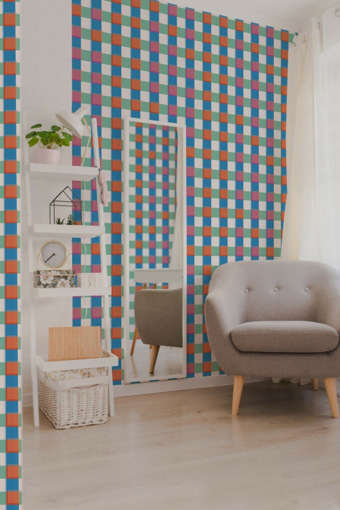 Light boho style living room decorated with Colorful check peel and stick wallpaper