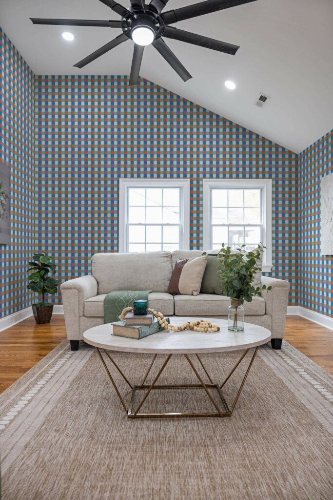Scandinavian style living room decorated with Colorful check peel and stick wallpaper