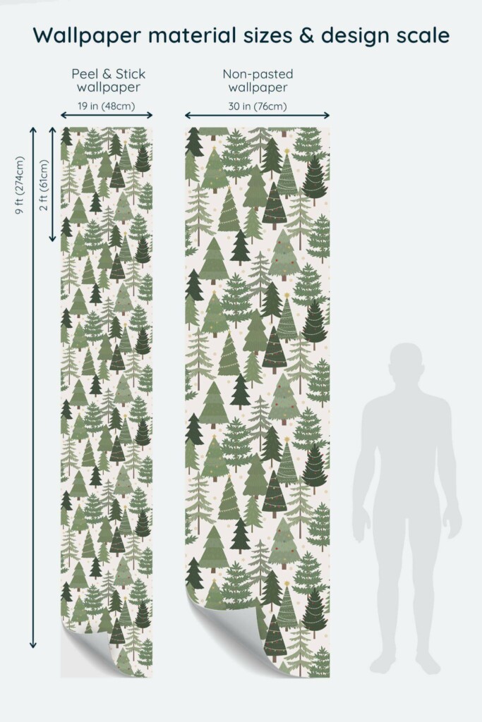 Size comparison of Colorful Christmas tree Peel & Stick and Non-pasted wallpapers with design scale relative to human figure