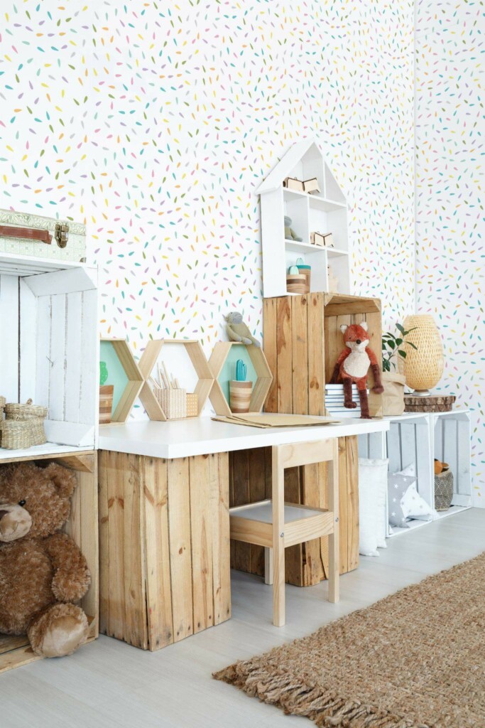 Farmhouse style kids room decorated with Colorful confetti peel and stick wallpaper