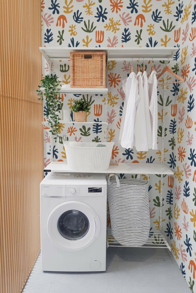 Boho modern style laundry room decorated with Colorful corals peel and stick wallpaper