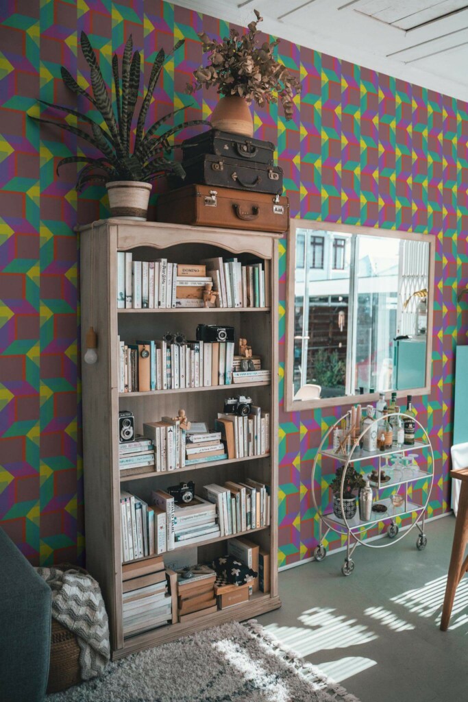 Farmhouse style living room decorated with Colorful cubes peel and stick wallpaper