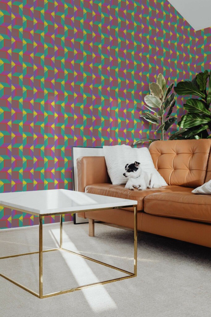 Mid-century modern style living room with dog on a sofa decorated with Colorful cubes peel and stick wallpaper
