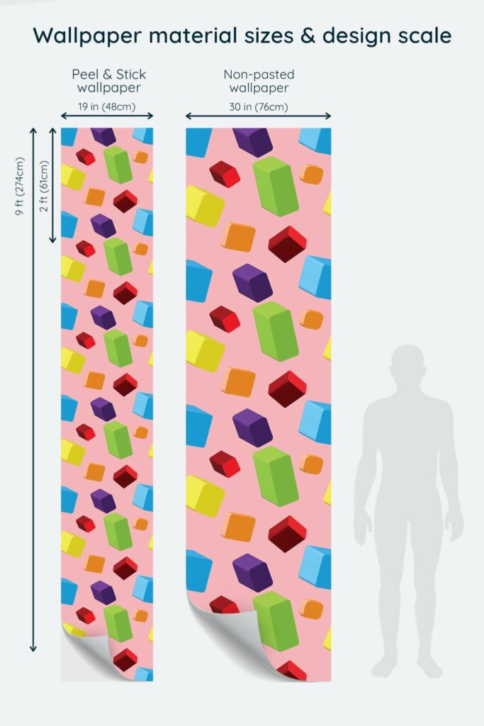 Size comparison of Colorful dimensional shapes Peel & Stick and Non-pasted wallpapers with design scale relative to human figure