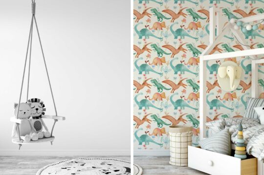 Vividly Imaginative Dinosaur Playground peel and stick wallpaper from Fancy Walls