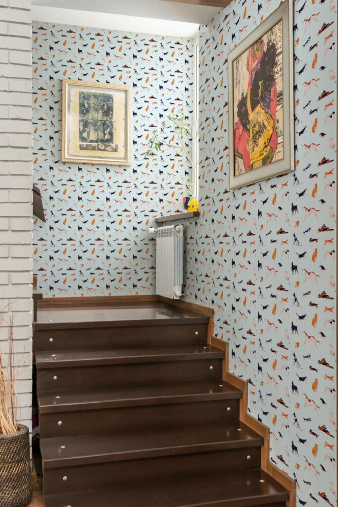 Mid-century style staircase decorated with Colorful dog peel and stick wallpaper