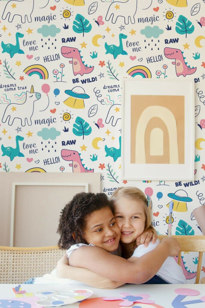 Boho style kids playroom decorated with Colorful doodle animals peel and stick wallpaper