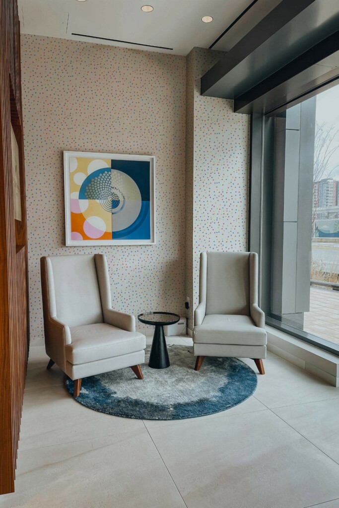 Mid-century-modern style living room decorated with Colorful dots peel and stick wallpaper