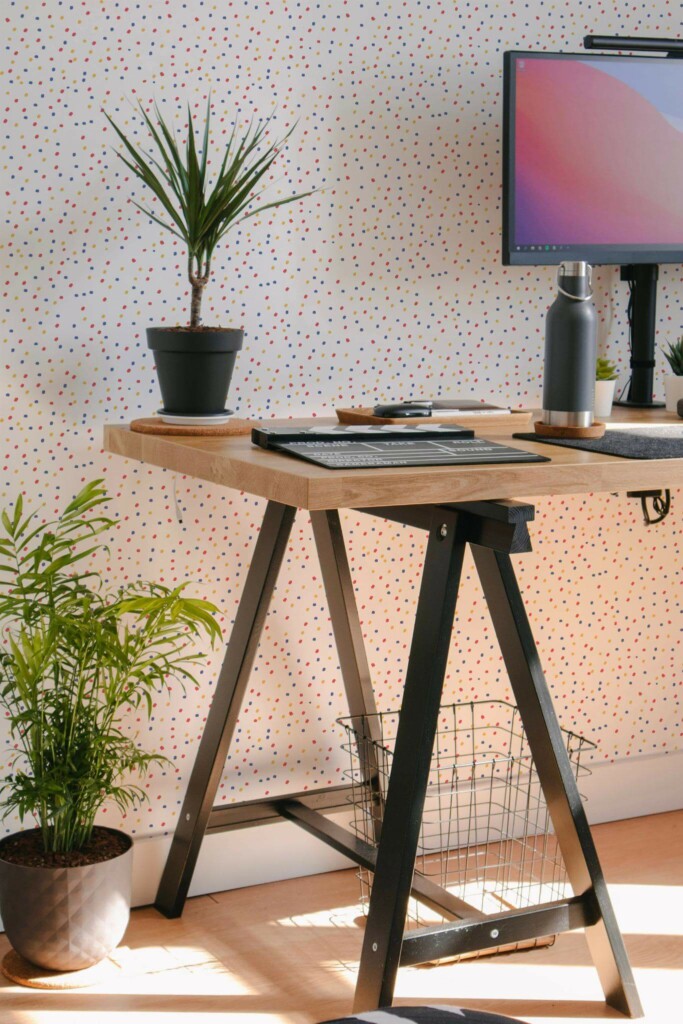 Scandinavian style home office decorated with Colorful dots peel and stick wallpaper