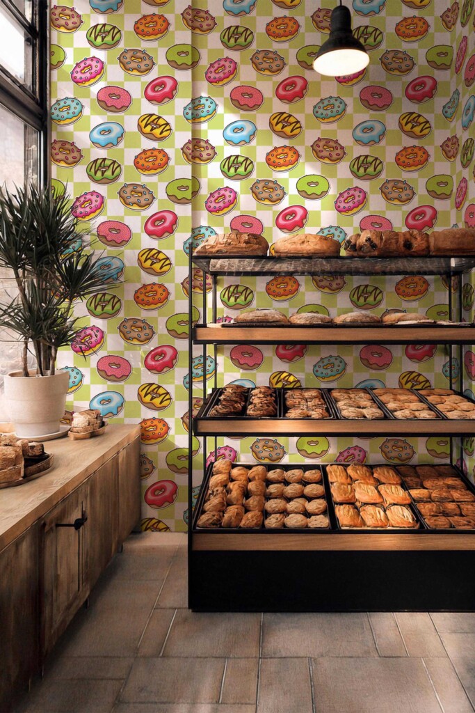 Fancy Walls peel and stick wallpaper featuring colorful doughnuts