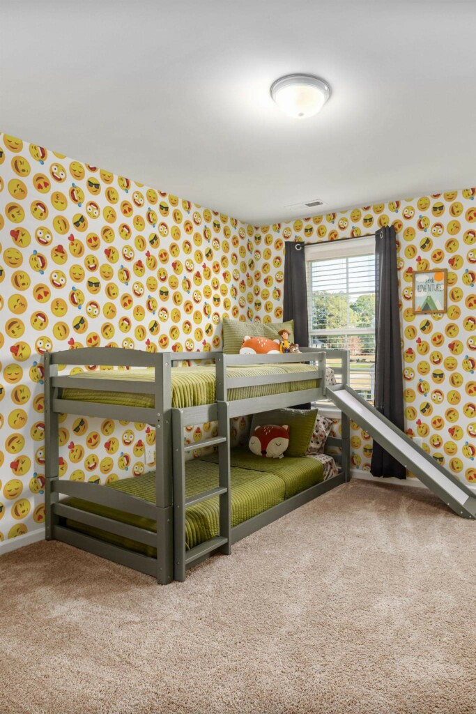 MId-century modern style kids room decorated with Colorful emoji peel and stick wallpaper