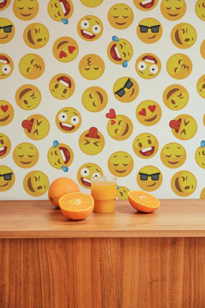 Mid-century style living room decorated with Colorful emoji peel and stick wallpaper