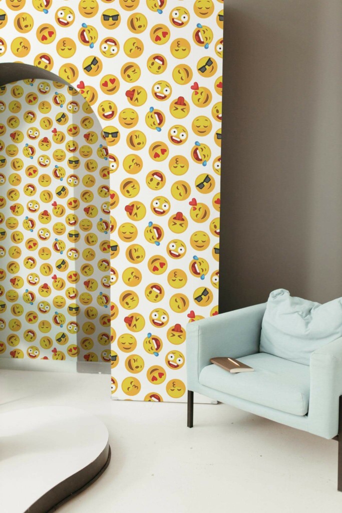 Mondern boho style living room decorated with Colorful emoji peel and stick wallpaper
