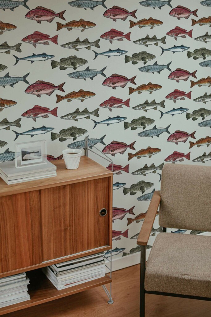 Mid-century style living room decorated with Colorful Fish peel and stick wallpaper