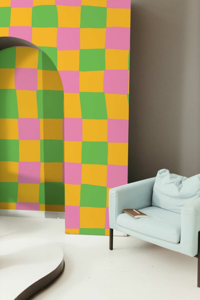Removable wall mural with colorful groovy checker design by Fancy Walls