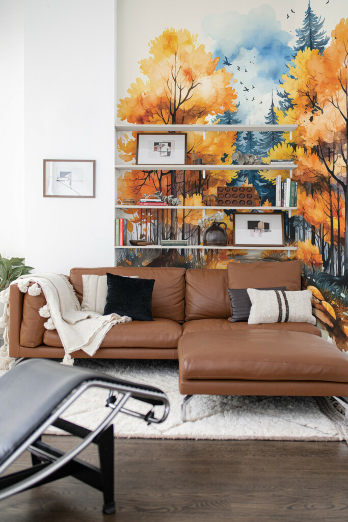Fancy Walls peel and stick wall murals featuring a watercolor autumn forest