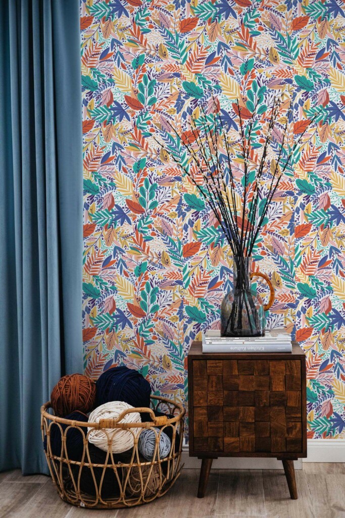Coastal style living room decorated with Colorful flowers and leaf peel and stick wallpaper